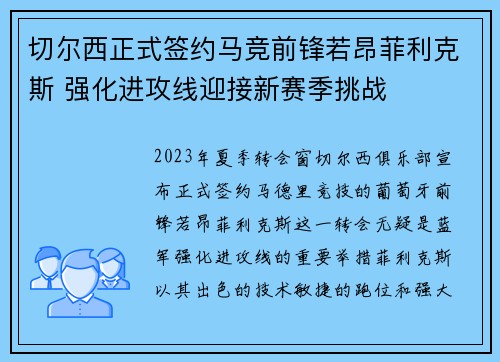 切尔西正式签约马竞前锋若昂菲利克斯 强化进攻线迎接新赛季挑战