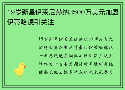 19岁新星伊莱尼赫纳3500万美元加盟伊蒂哈德引关注