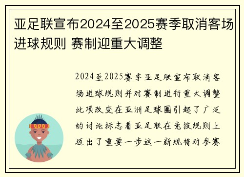 亚足联宣布2024至2025赛季取消客场进球规则 赛制迎重大调整